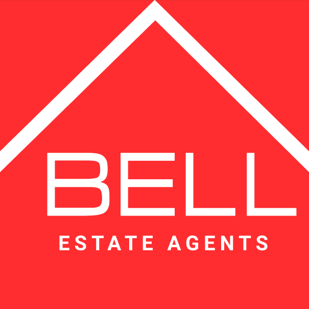 Bell Estate Agents logo. Red background with white triangle and white text